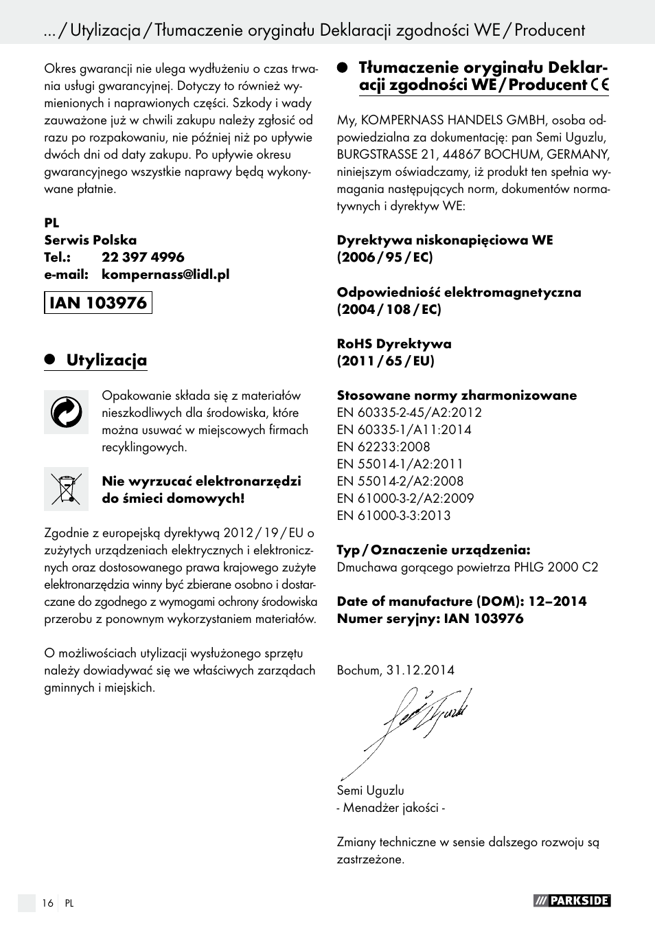 Tartalomjegyzék | Parkside PHLG 2000 C2 User Manual | Page 16 / 49