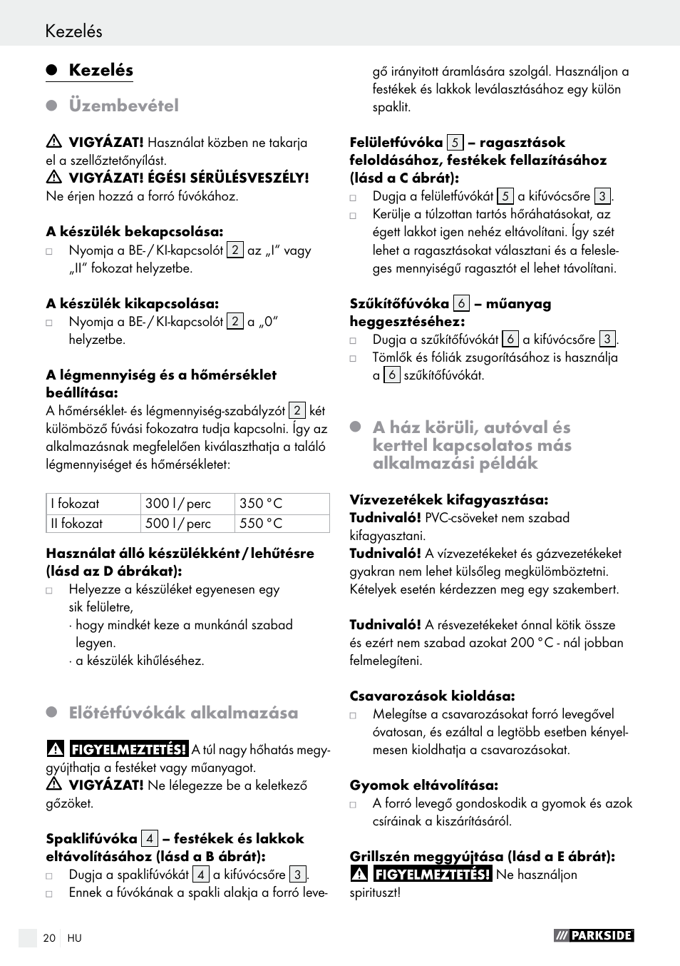 Kezelés, Üzembevétel, Előtétfúvókák alkalmazása | Parkside PHLG 2000 C2 User Manual | Page 20 / 49