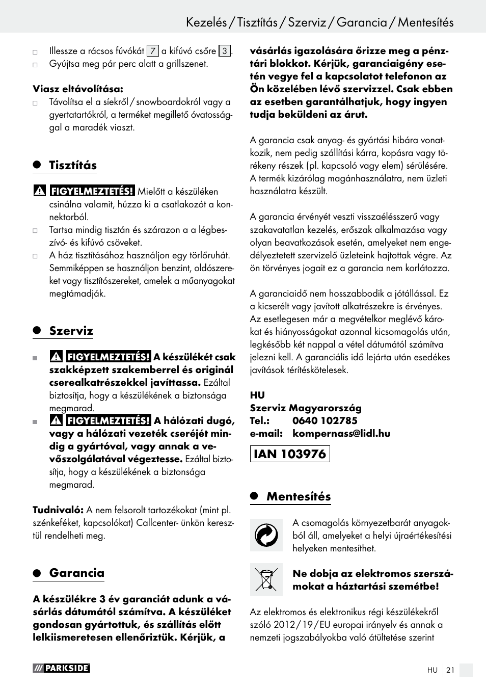 Kezelés, Tisztítás, Szerviz | Garancia, Mentesítés | Parkside PHLG 2000 C2 User Manual | Page 21 / 49