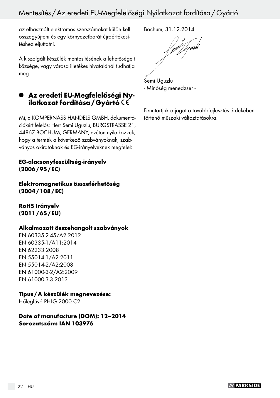 Kazalo | Parkside PHLG 2000 C2 User Manual | Page 22 / 49