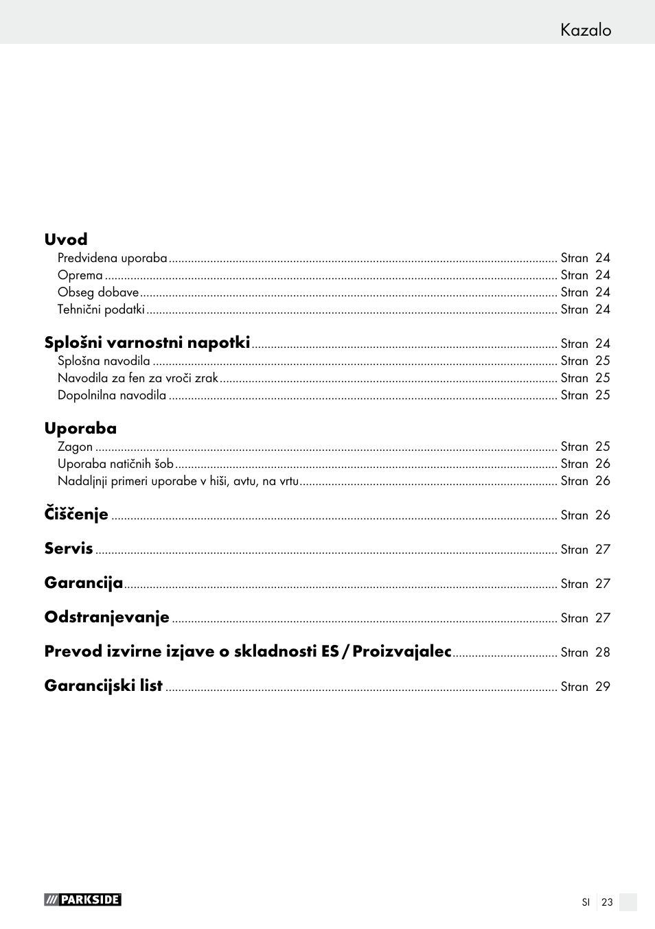 Kazalo | Parkside PHLG 2000 C2 User Manual | Page 23 / 49