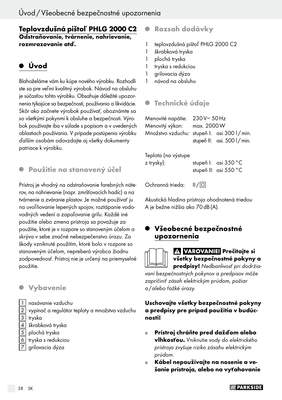 Úvod / všeobecné bezpečnostné upozornenia, Úvod, Použitie na stanovený účel | Vybavenie, Rozsah dodávky, Technické údaje, Všeobecné bezpečnostné upozornenia | Parkside PHLG 2000 C2 User Manual | Page 38 / 49