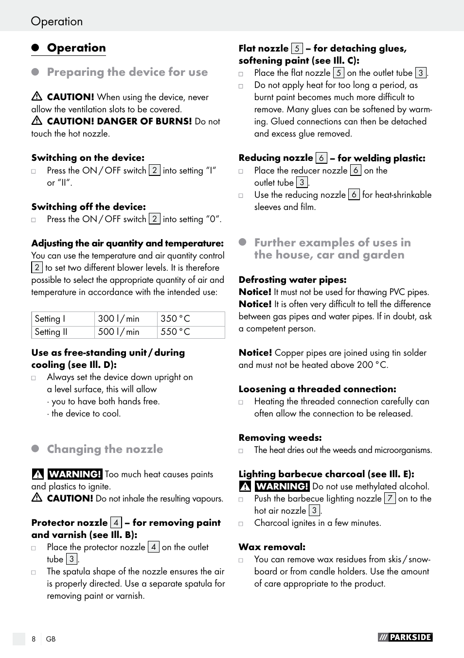 Cleaning / service / warranty / disposal operation, Operation, Preparing the device for use | Changing the nozzle | Parkside PHLG 2000 C2 User Manual | Page 8 / 49