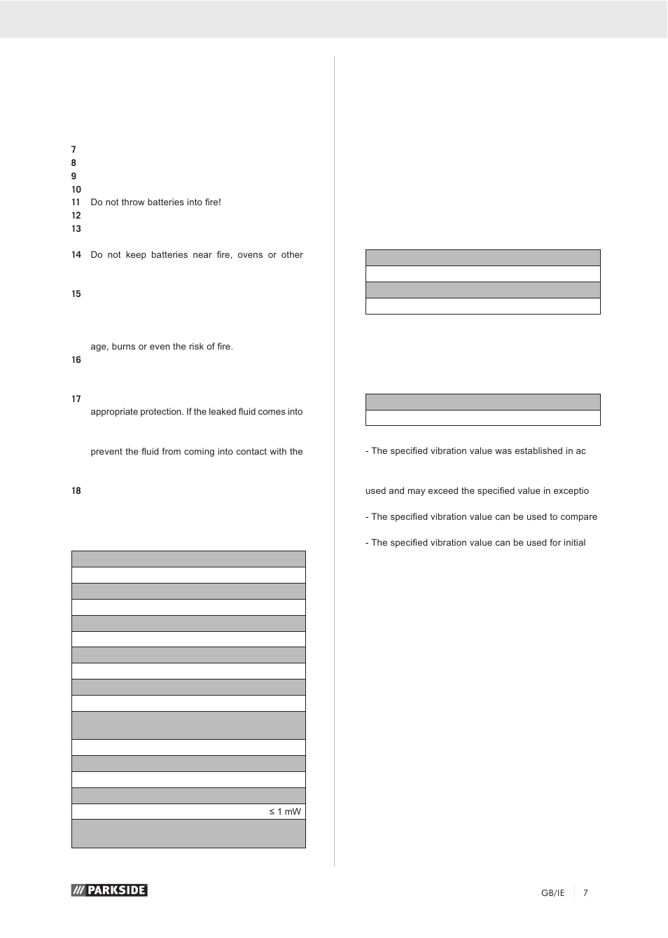 Technical data, Noise and vibration, Residual risks | Parkside PZKS 1500 A1 User Manual | Page 12 / 76