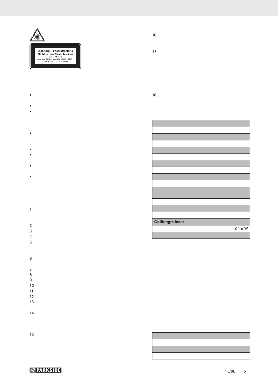 Technische gegevens, Geluid en vibratie | Parkside PZKS 1500 A1 User Manual | Page 50 / 76