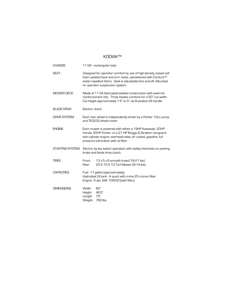 Specifications, Kodiak | Dixon Kodiak 18124-0804 User Manual | Page 17 / 52