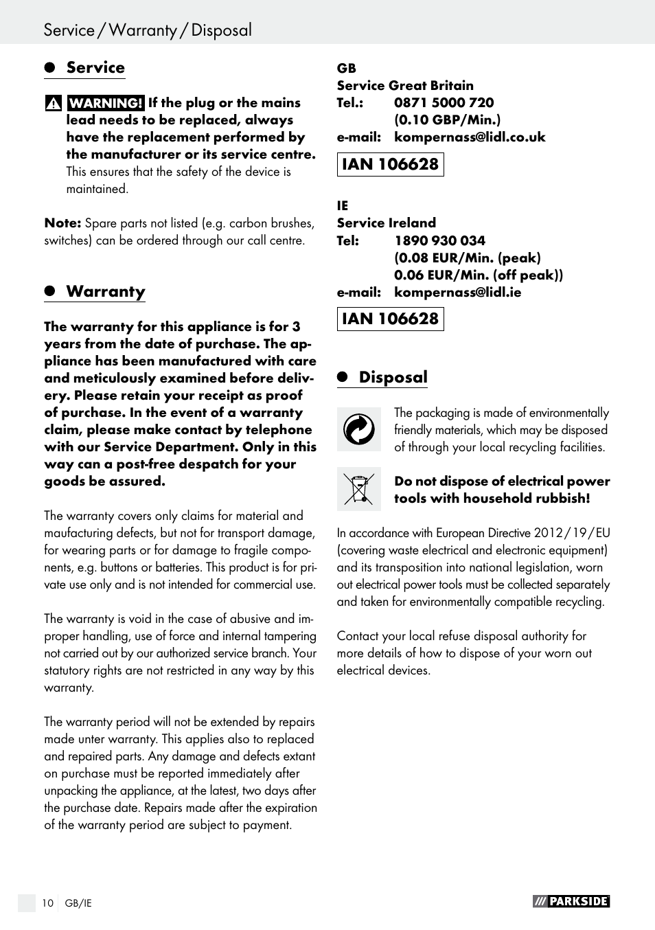 Service, Warranty, Disposal | Parkside PFMR 1400 B1 User Manual | Page 10 / 37