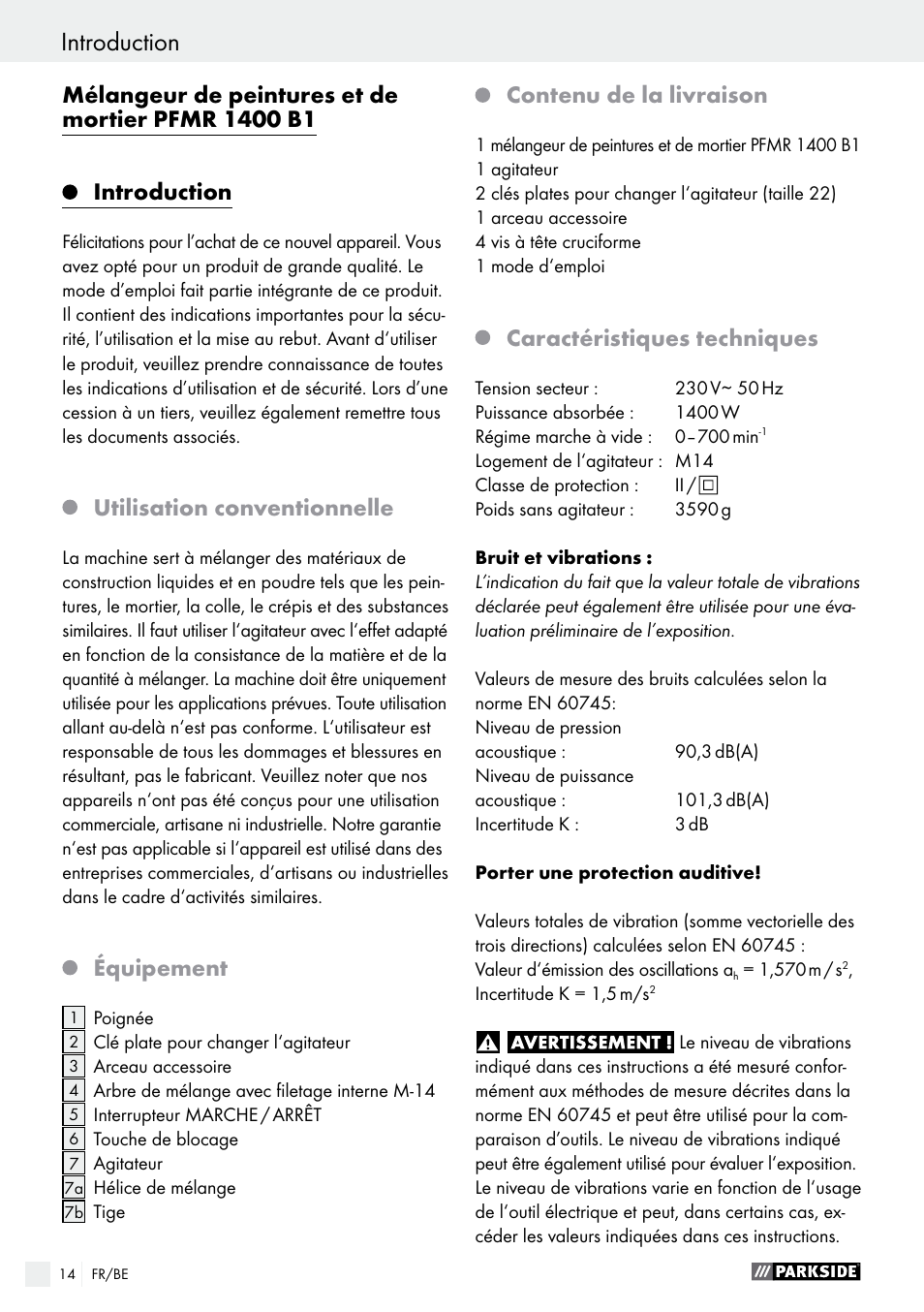 Introduction, Utilisation conventionnelle, Équipement | Contenu de la livraison, Caractéristiques techniques | Parkside PFMR 1400 B1 User Manual | Page 14 / 37