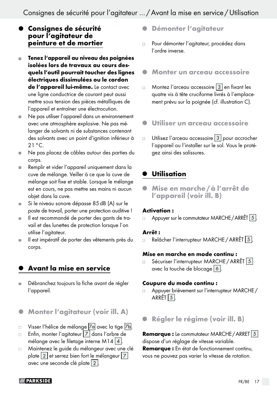 Avertissements de sécurité généraux pour l’outil, Avant la mise en service, Monter l‘agitateur (voir ill. a) | Démonter l‘agitateur, Monter un arceau accessoire, Utiliser un arceau accessoire, Utilisation, Régler le régime (voir ill. b) | Parkside PFMR 1400 B1 User Manual | Page 17 / 37