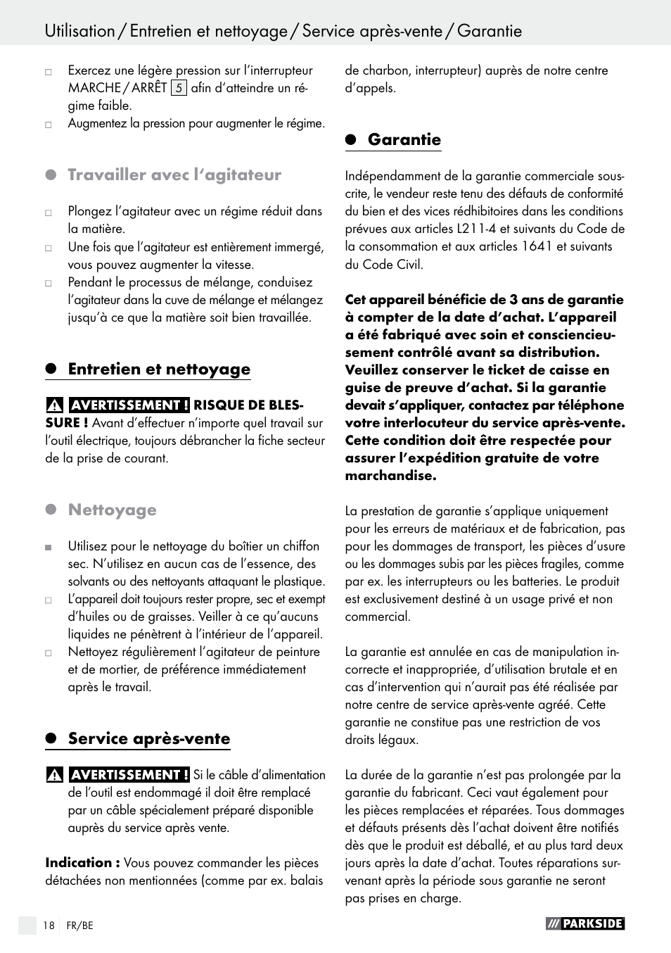 Travailler avec l‘agitateur, Entretien et nettoyage, Nettoyage | Service après-vente, Garantie | Parkside PFMR 1400 B1 User Manual | Page 18 / 37