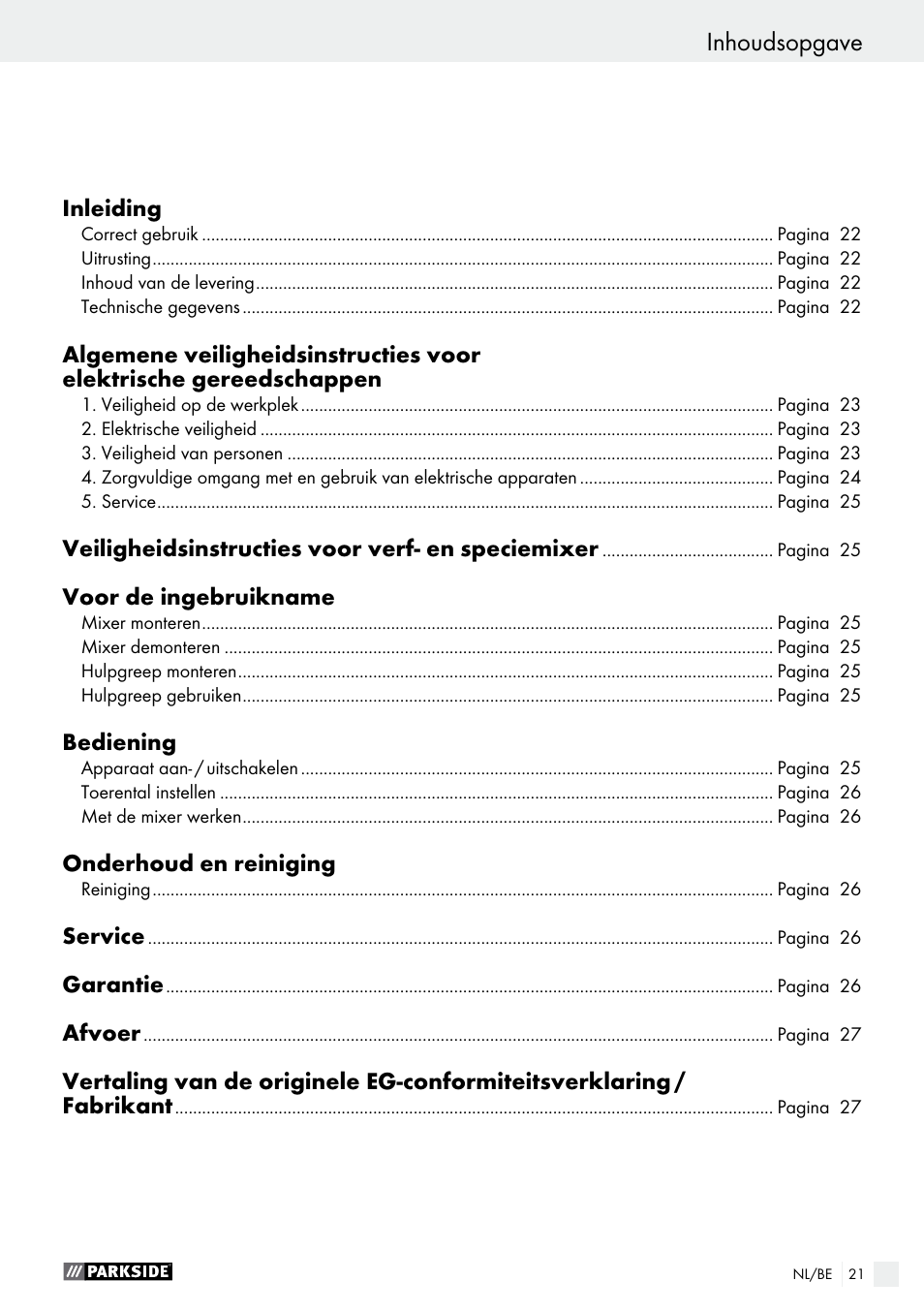 Inhoudsopgave | Parkside PFMR 1400 B1 User Manual | Page 21 / 37