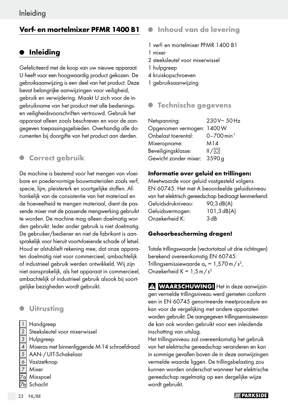 Inleiding, Correct gebruik, Uitrusting | Inhoud van de levering, Technische gegevens | Parkside PFMR 1400 B1 User Manual | Page 22 / 37