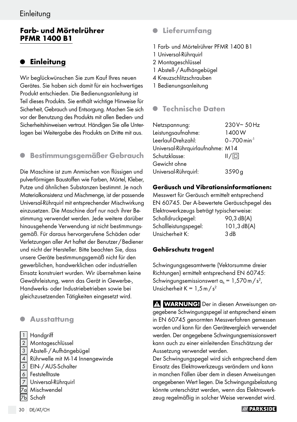 Einleitung, Bestimmungsgemäßer gebrauch, Ausstattung | Lieferumfang, Technische daten | Parkside PFMR 1400 B1 User Manual | Page 30 / 37