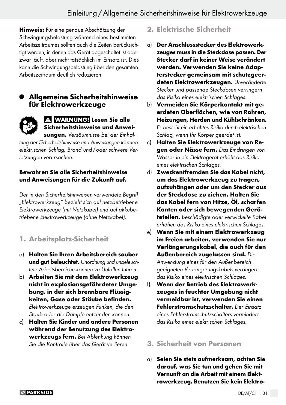 Einleitung, Arbeitsplatz-sicherheit, Elektrische sicherheit | Sicherheit von personen | Parkside PFMR 1400 B1 User Manual | Page 31 / 37