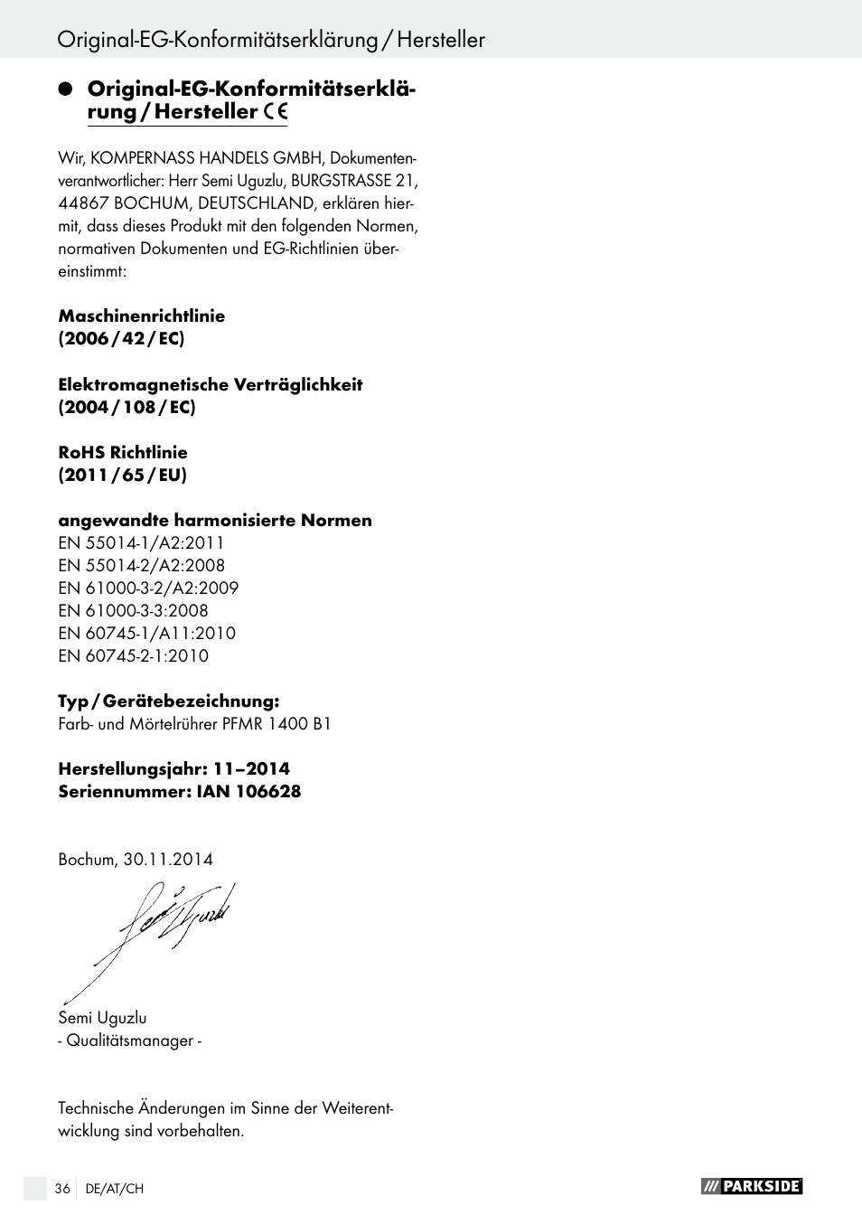 Original-eg-konformitätserklärung / hersteller | Parkside PFMR 1400 B1 User Manual | Page 36 / 37