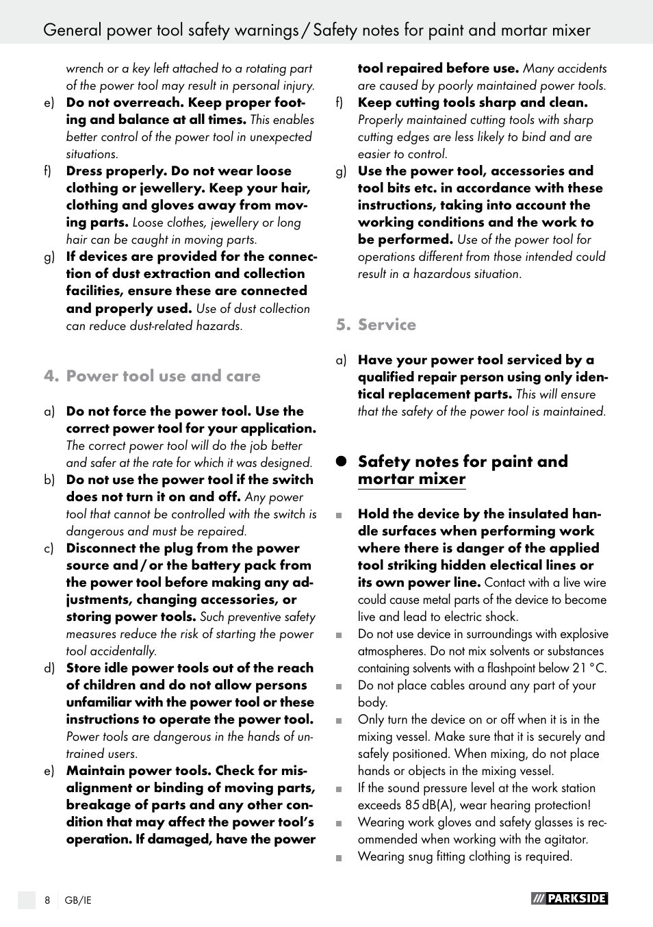 Power tool use and care, Service | Parkside PFMR 1400 B1 User Manual | Page 8 / 37