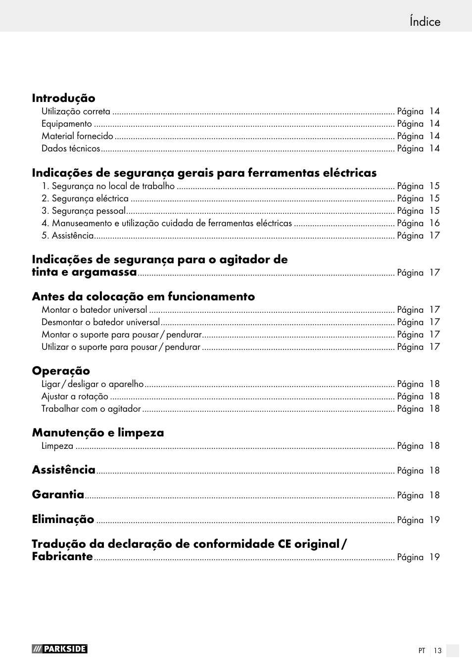 Índice | Parkside PFMR 1400 B1 User Manual | Page 13 / 37
