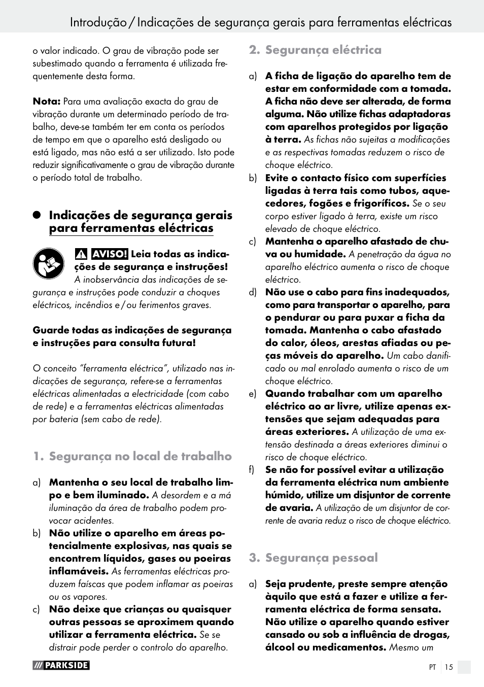 Segurança no local de trabalho, Segurança eléctrica, Segurança pessoal | Parkside PFMR 1400 B1 User Manual | Page 15 / 37