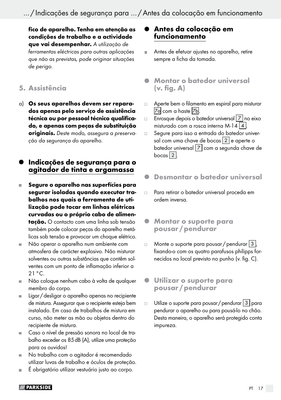 Assistência, Antes da colocação em funcionamento, Montar o batedor universal (v. fig. a) | Desmontar o batedor universal, Montar o suporte para pousar / pendurar, Utilizar o suporte para pousar / pendurar | Parkside PFMR 1400 B1 User Manual | Page 17 / 37