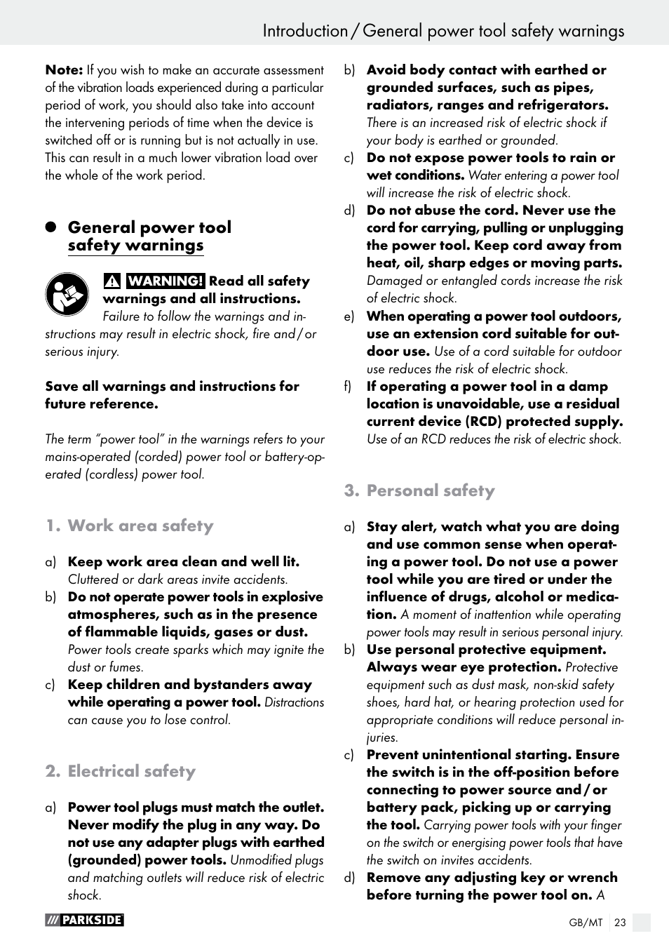 Introduction / general power tool safety warnings, Introduction, General power tool safety warnings | Work area safety, Electrical safety, Personal safety | Parkside PFMR 1400 B1 User Manual | Page 23 / 37