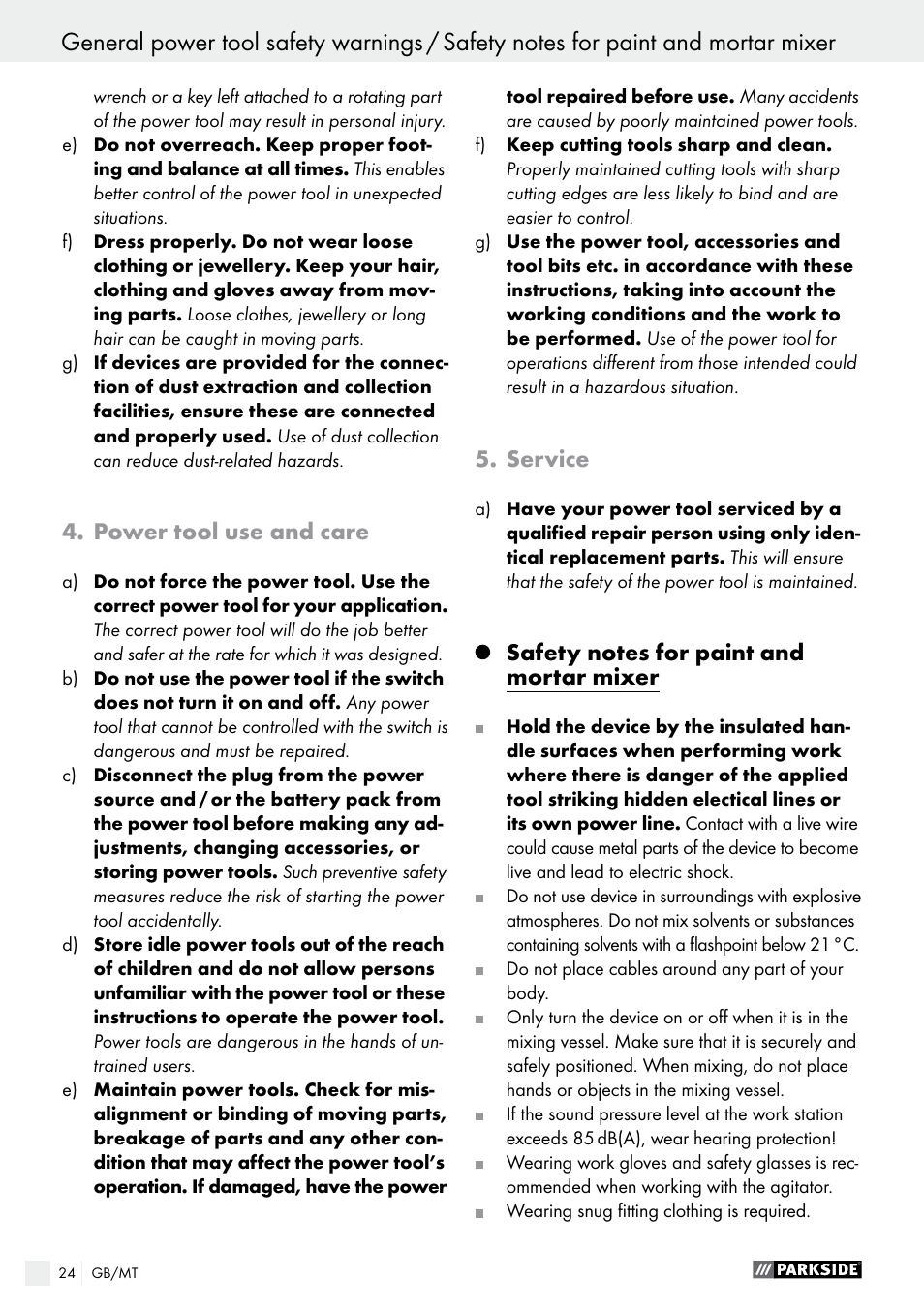 Before use / operation / maintenance and cleaning, Power tool use and care, Service | Parkside PFMR 1400 B1 User Manual | Page 24 / 37