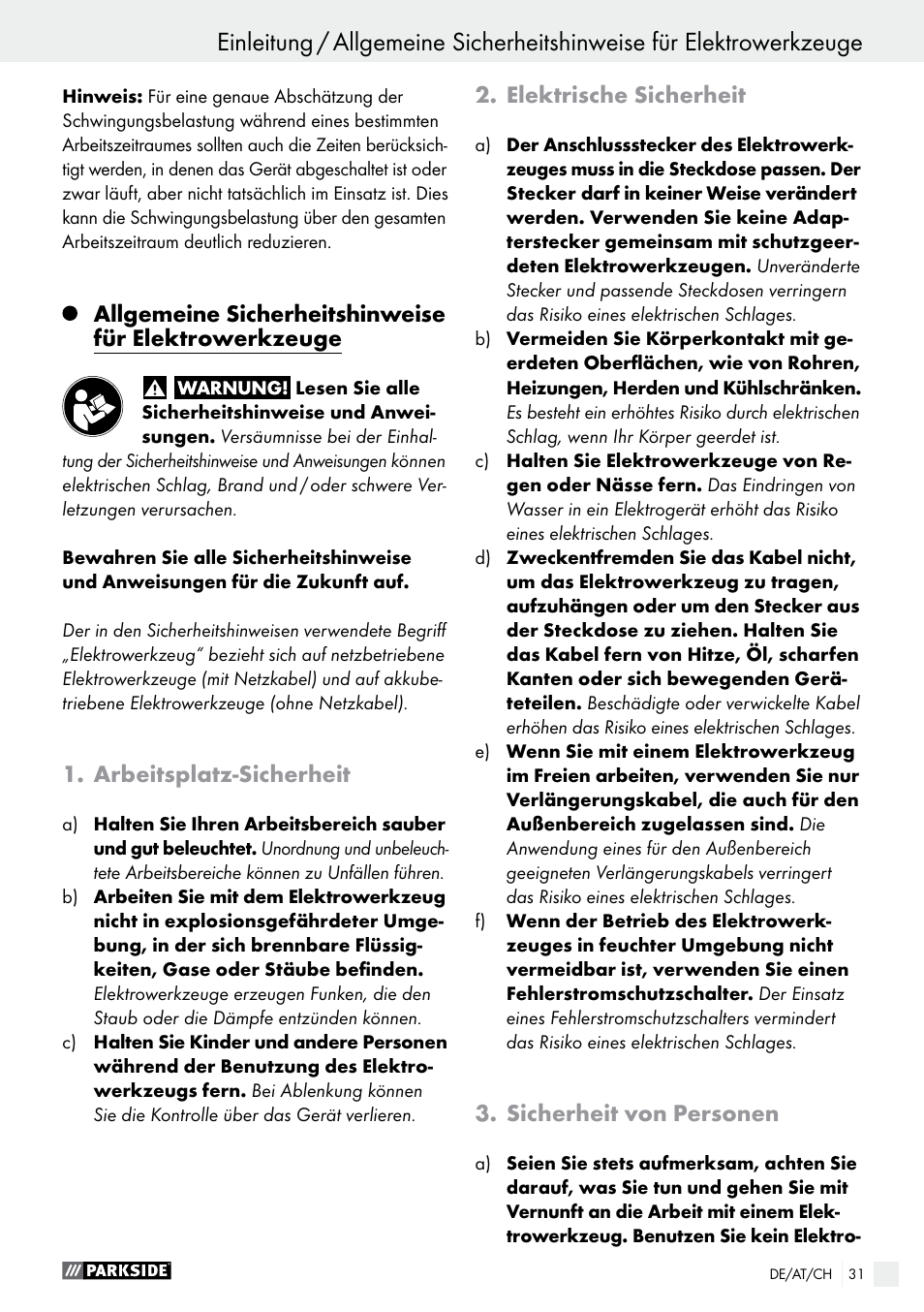 Arbeitsplatz-sicherheit, Elektrische sicherheit, Sicherheit von personen | Parkside PFMR 1400 B1 User Manual | Page 31 / 37