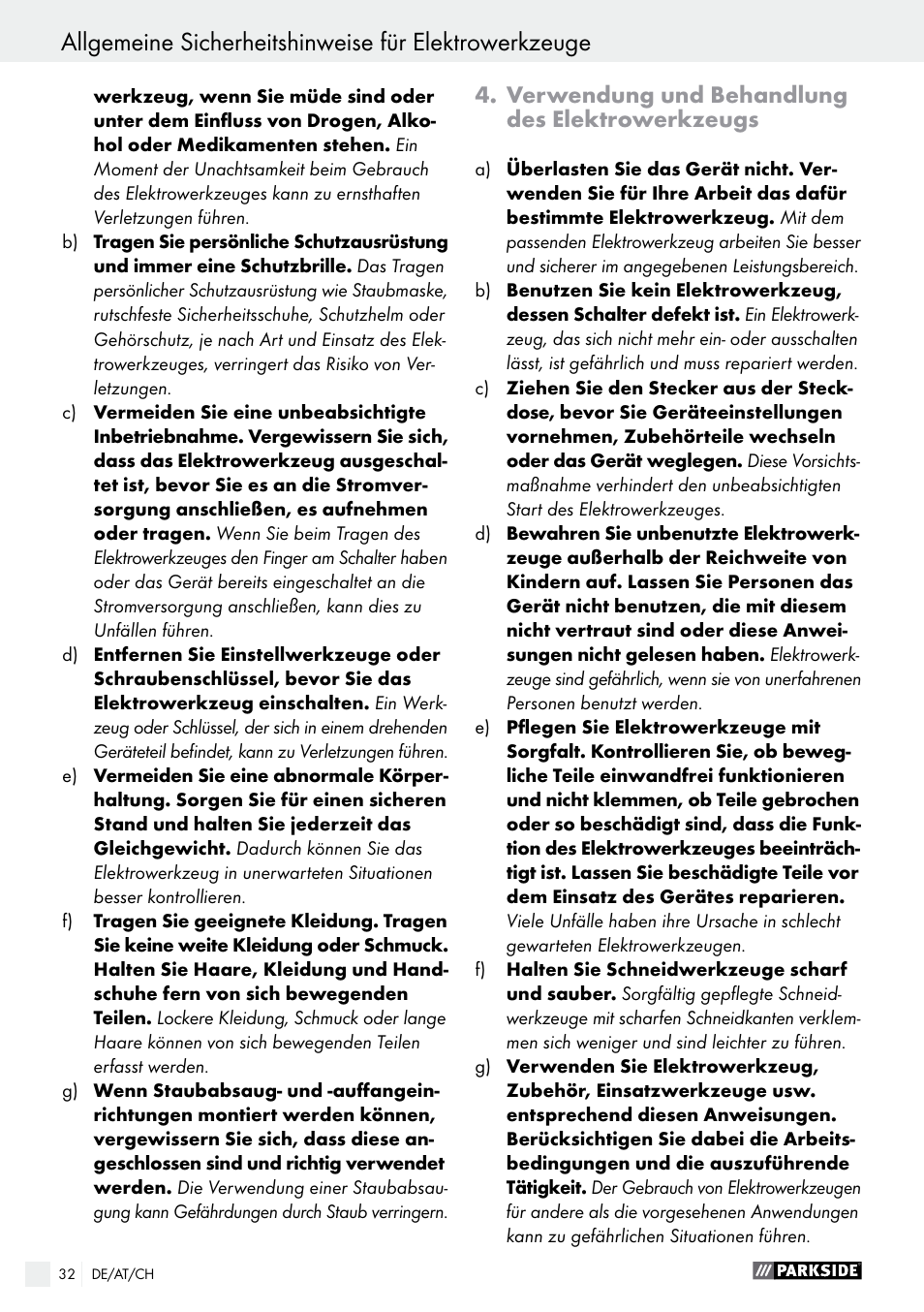 Verwendung und behandlung des elektrowerkzeugs | Parkside PFMR 1400 B1 User Manual | Page 32 / 37