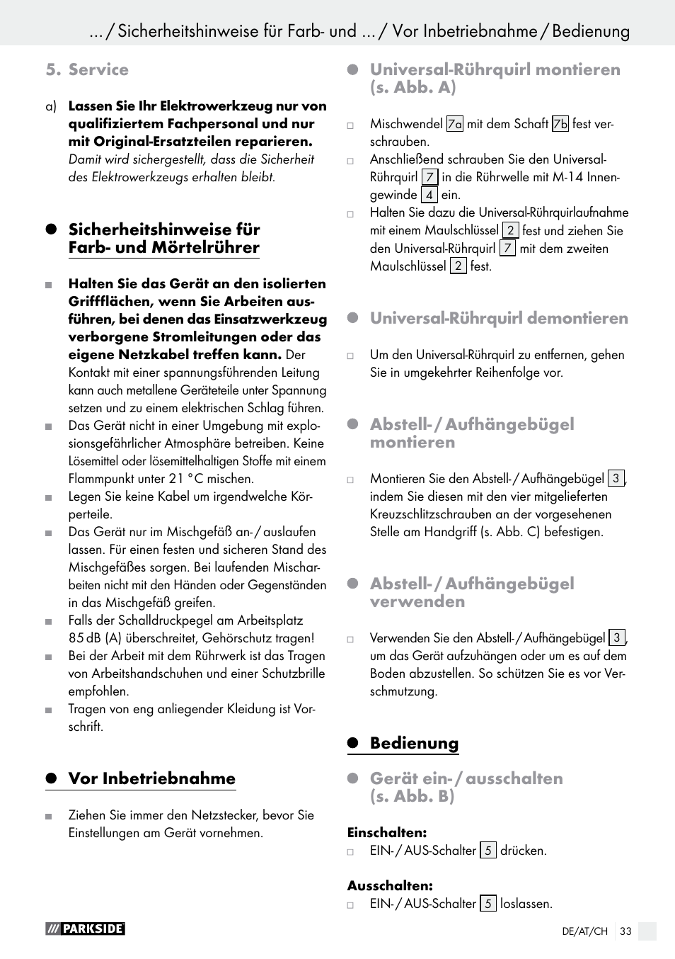 Service, Sicherheitshinweise für farb- und mörtelrührer, Vor inbetriebnahme | Universal-rührquirl montieren (s. abb. a), Universal-rührquirl demontieren, Abstell- / aufhängebügel montieren, Abstell- / aufhängebügel verwenden, Bedienung, Gerät ein- / ausschalten (s. abb. b) | Parkside PFMR 1400 B1 User Manual | Page 33 / 37