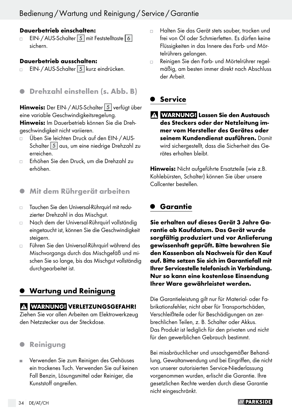 Garantie / entsorgung, Drehzahl einstellen (s. abb. b), Mit dem rührgerät arbeiten | Wartung und reinigung, Reinigung, Service, Garantie | Parkside PFMR 1400 B1 User Manual | Page 34 / 37