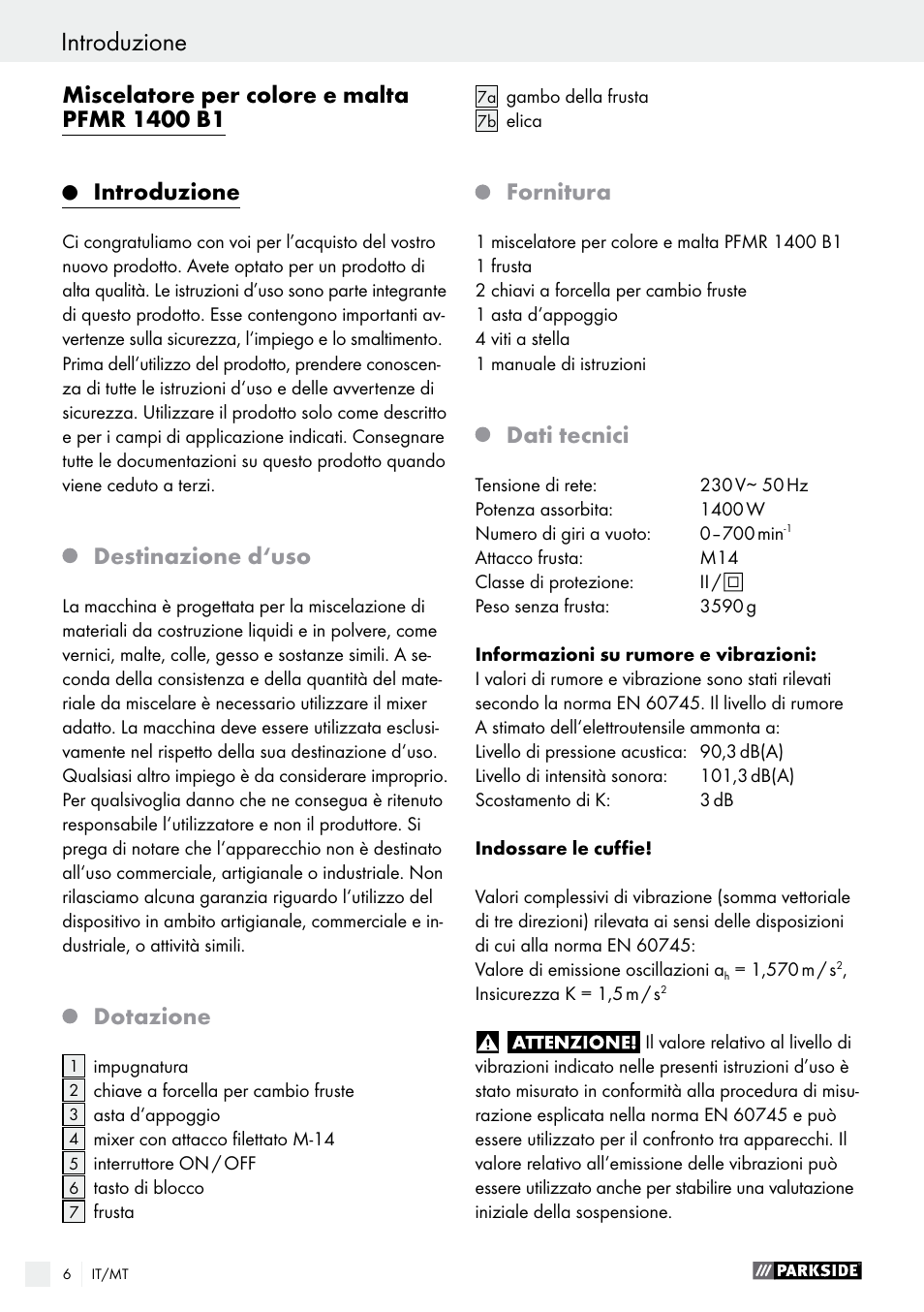 Introduzione, Destinazione d‘uso, Dotazione | Fornitura, Dati tecnici | Parkside PFMR 1400 B1 User Manual | Page 6 / 37