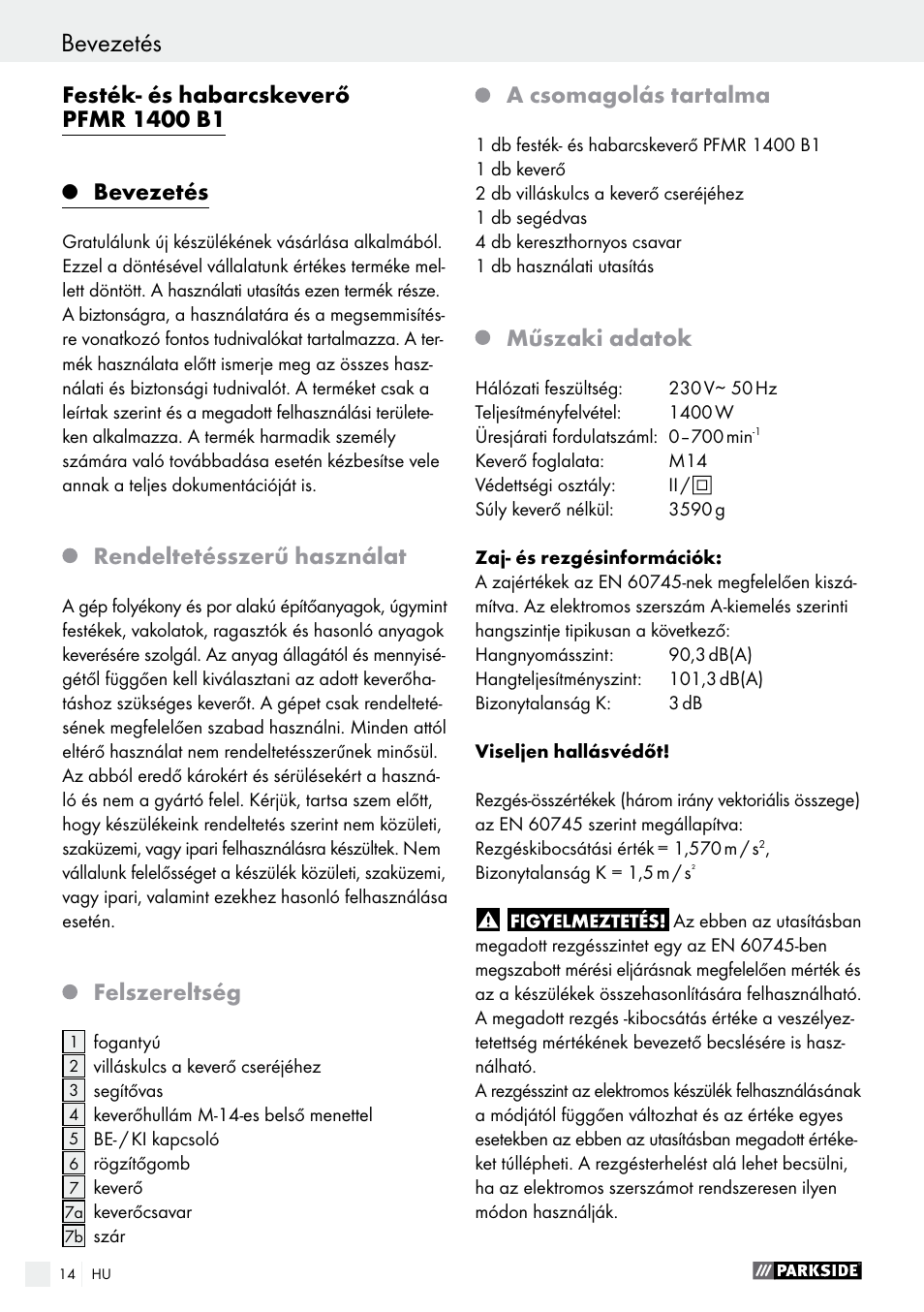 Bevezetés, Rendeltetésszerű használat, Felszereltség | A csomagolás tartalma, Műszaki adatok | Parkside PFMR 1400 B1 User Manual | Page 14 / 55