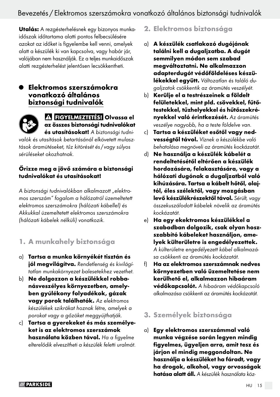 A munkahely biztonsága, Elektromos biztonsága, Személyek biztonsága | Parkside PFMR 1400 B1 User Manual | Page 15 / 55