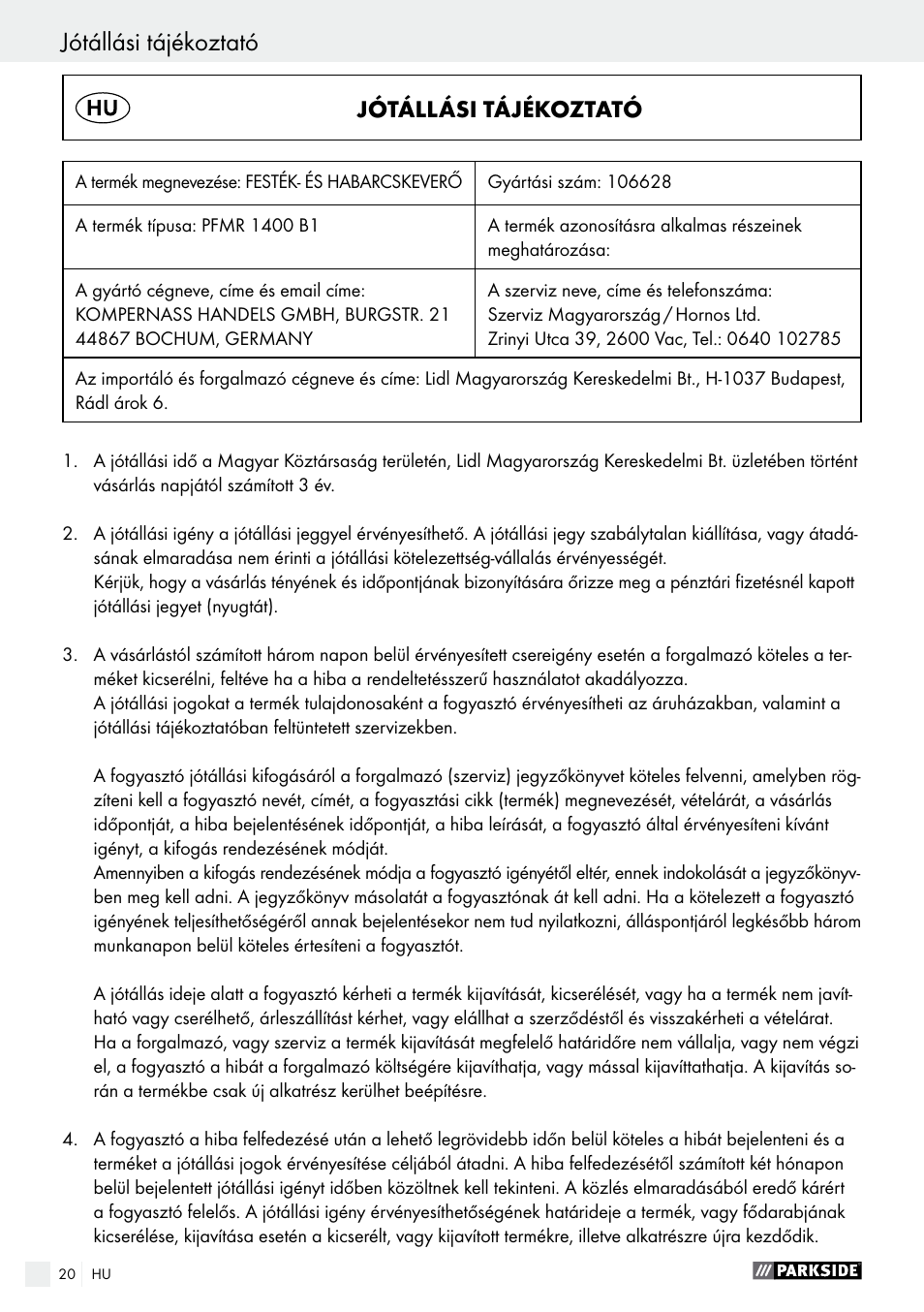 Jótállási tájékoztató | Parkside PFMR 1400 B1 User Manual | Page 20 / 55