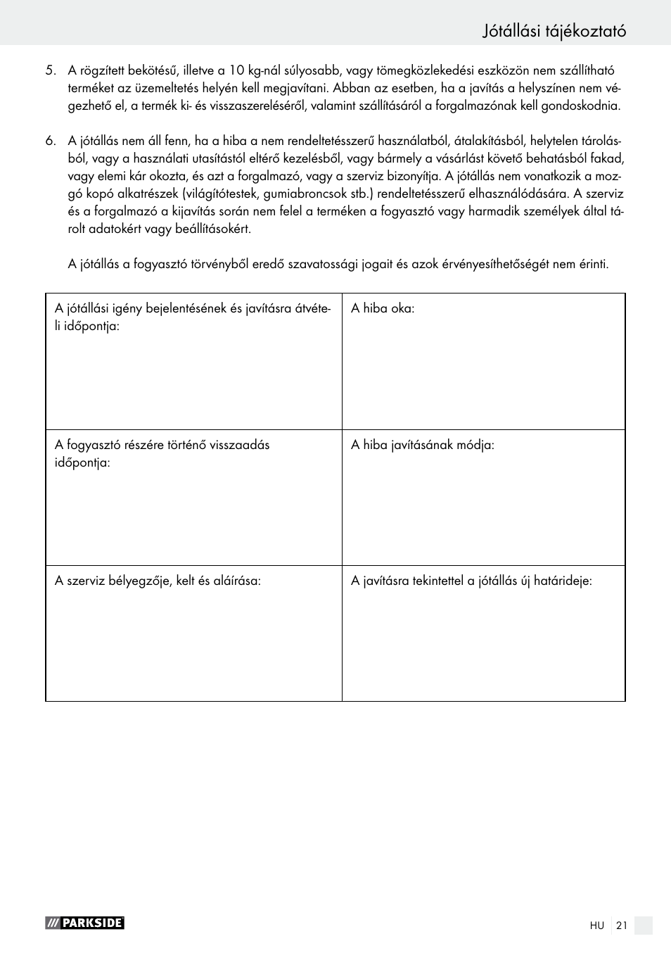 Jótállási tájékoztató | Parkside PFMR 1400 B1 User Manual | Page 21 / 55