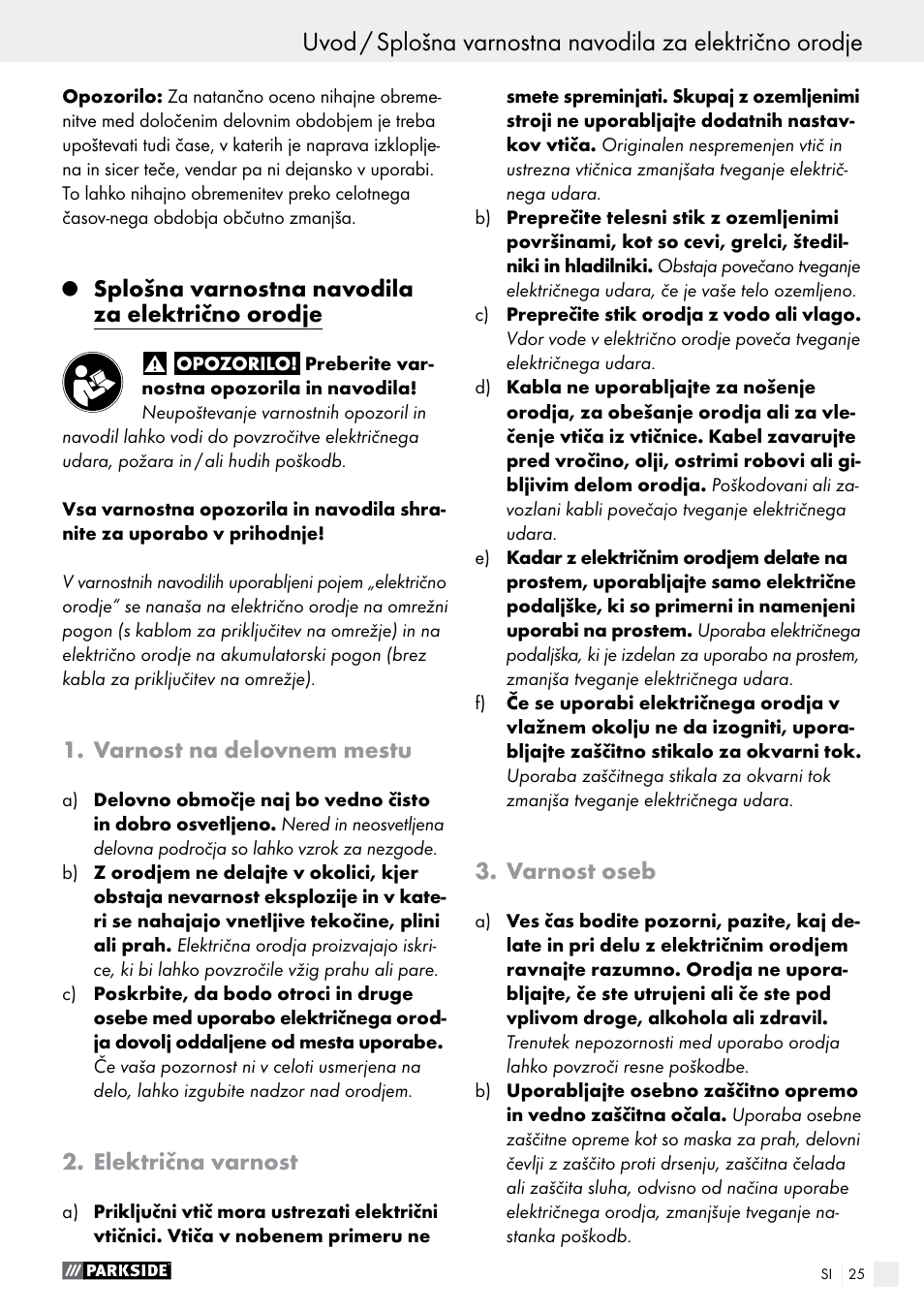 Splošna varnostna navodila za električno orodje, Varnost na delovnem mestu, Električna varnost | Varnost oseb | Parkside PFMR 1400 B1 User Manual | Page 25 / 55