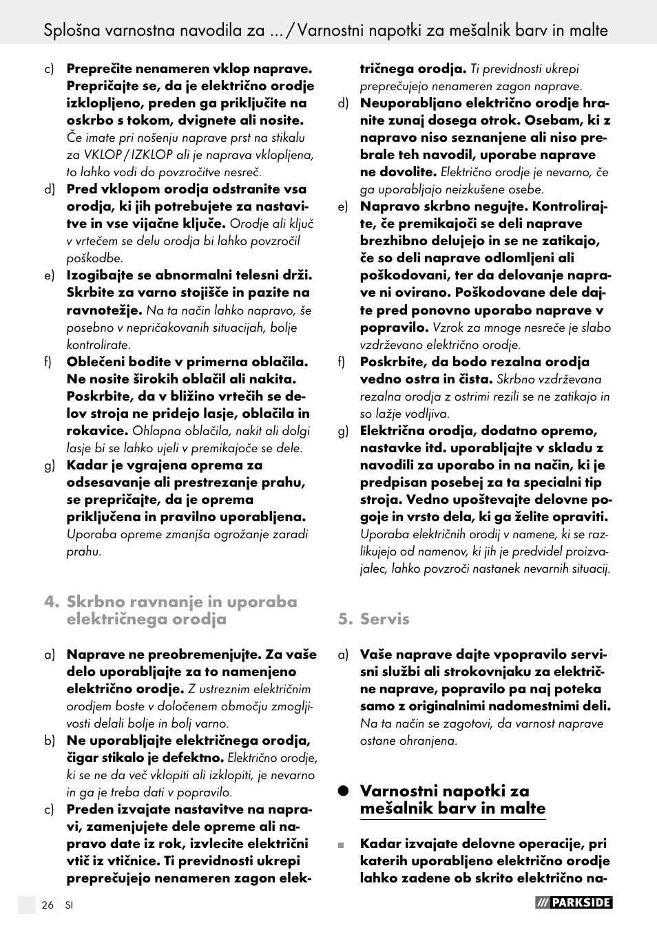 Skrbno ravnanje in uporaba električnega orodja, Servis, Varnostni napotki za mešalnik barv in malte | Parkside PFMR 1400 B1 User Manual | Page 26 / 55