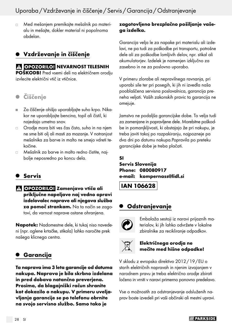 Vzdrževanje in čiščenje, Čiščenje, Servis | Garancija, Odstranjevanje | Parkside PFMR 1400 B1 User Manual | Page 28 / 55