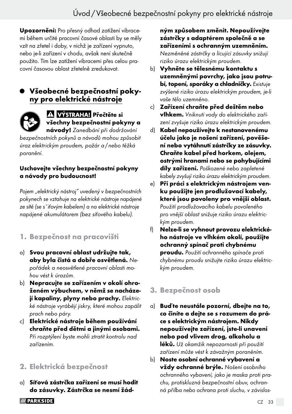 Úvod, Bezpečnost na pracovišti, Elektrická bezpečnost | Bezpečnost osob | Parkside PFMR 1400 B1 User Manual | Page 33 / 55