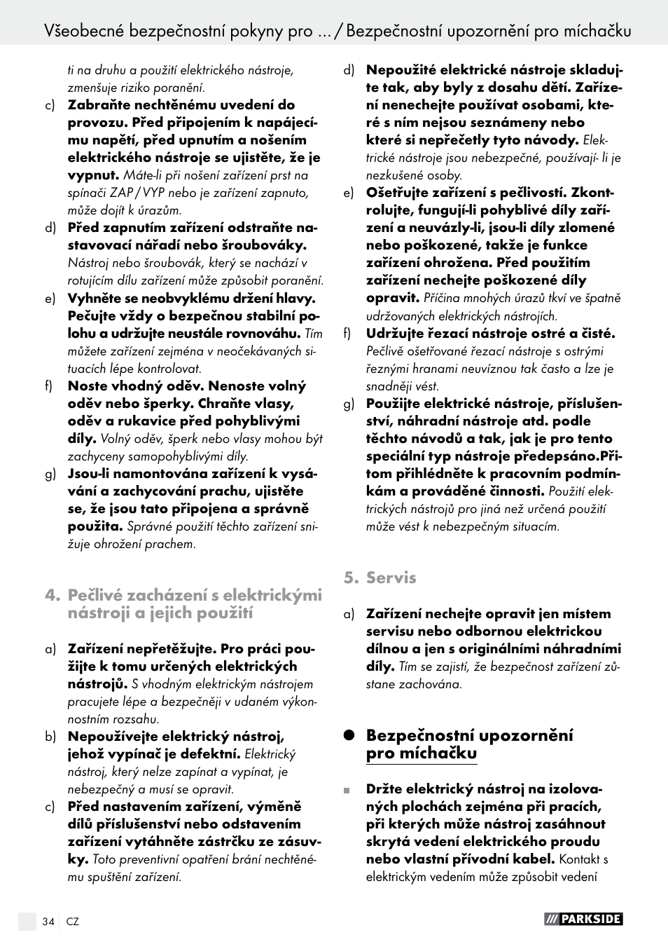Servis, Bezpečnostní upozornění pro míchačku | Parkside PFMR 1400 B1 User Manual | Page 34 / 55