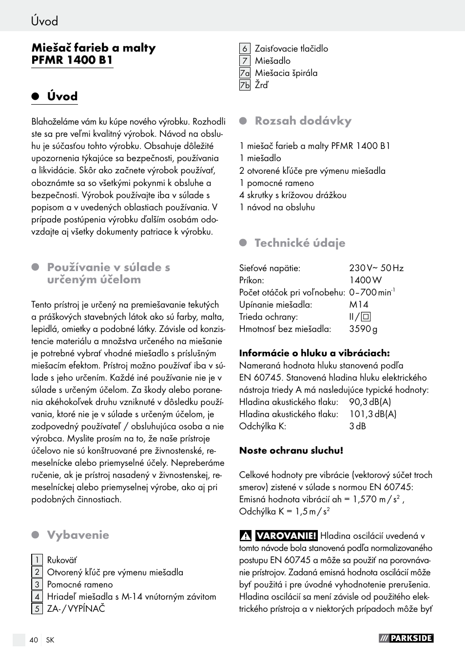 Úvod, Používanie v súlade s určeným účelom, Vybavenie | Rozsah dodávky, Technické údaje | Parkside PFMR 1400 B1 User Manual | Page 40 / 55