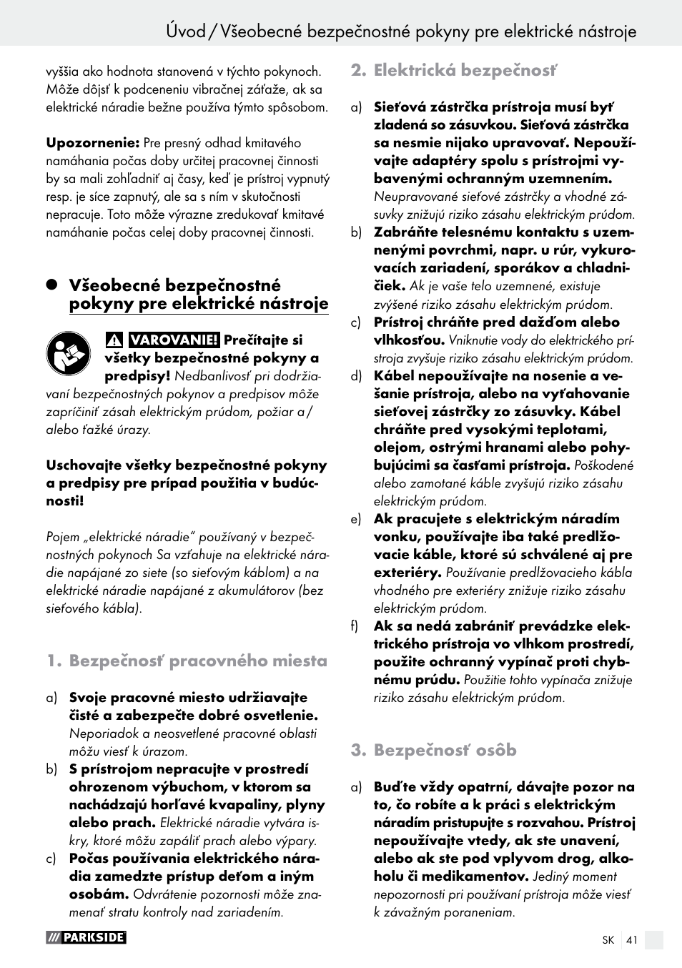 Úvod, Bezpečnosť pracovného miesta, Elektrická bezpečnosť | Bezpečnosť osôb | Parkside PFMR 1400 B1 User Manual | Page 41 / 55