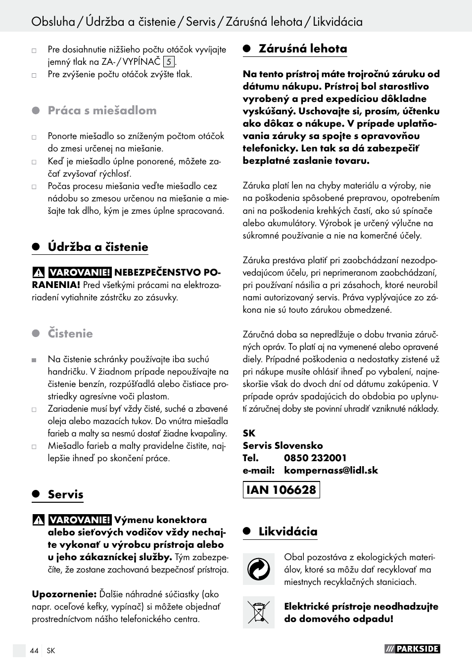 Práca s miešadlom, Údržba a čistenie, Čistenie | Servis, Záruśná lehota, Likvidácia | Parkside PFMR 1400 B1 User Manual | Page 44 / 55