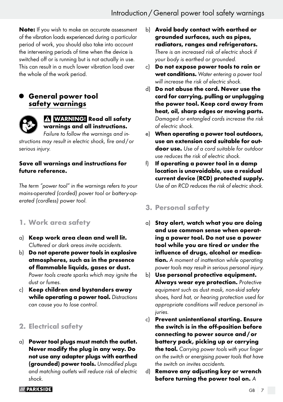 General power tool safety warnings, Work area safety, Electrical safety | Personal safety | Parkside PFMR 1400 B1 User Manual | Page 7 / 55