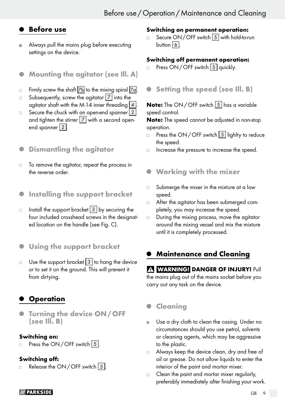 Before use, Mounting the agitator (see ill. a), Dismantling the agitator | Installing the support bracket, Using the support bracket, Operation, Turning the device on / off (see ill. b), Setting the speed (see ill. b), Working with the mixer, Maintenance and cleaning | Parkside PFMR 1400 B1 User Manual | Page 9 / 55