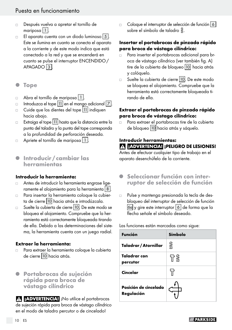 Tope, Introducir / cambiar las herramientas | Parkside PBH 1050 A1 User Manual | Page 10 / 52