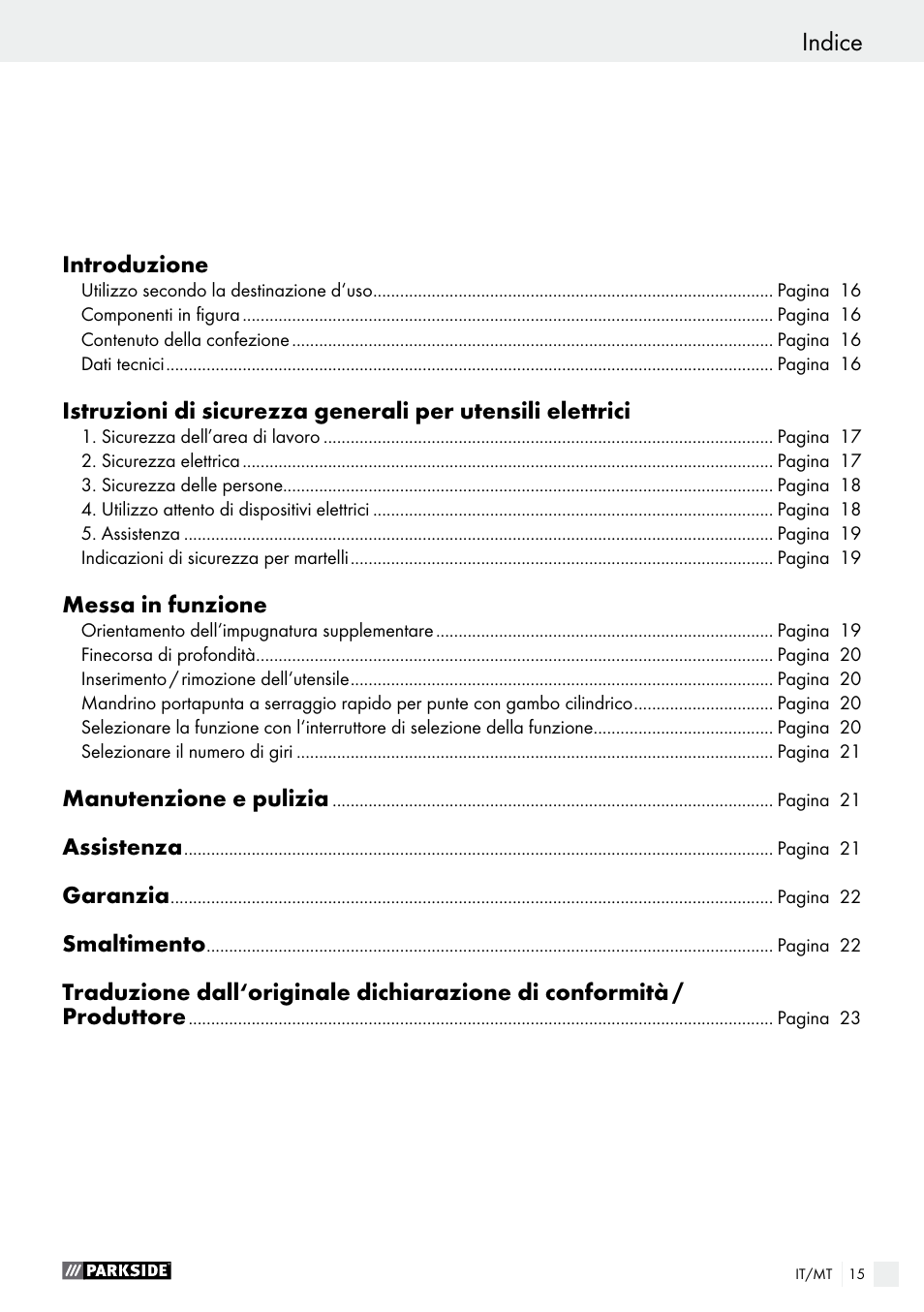 Indice | Parkside PBH 1050 A1 User Manual | Page 15 / 52