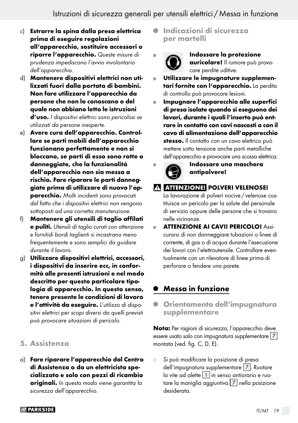 Assistenza, Indicazioni di sicurezza per martelli, Messa in funzione | Orientamento dell‘impugnatura supplementare | Parkside PBH 1050 A1 User Manual | Page 19 / 52