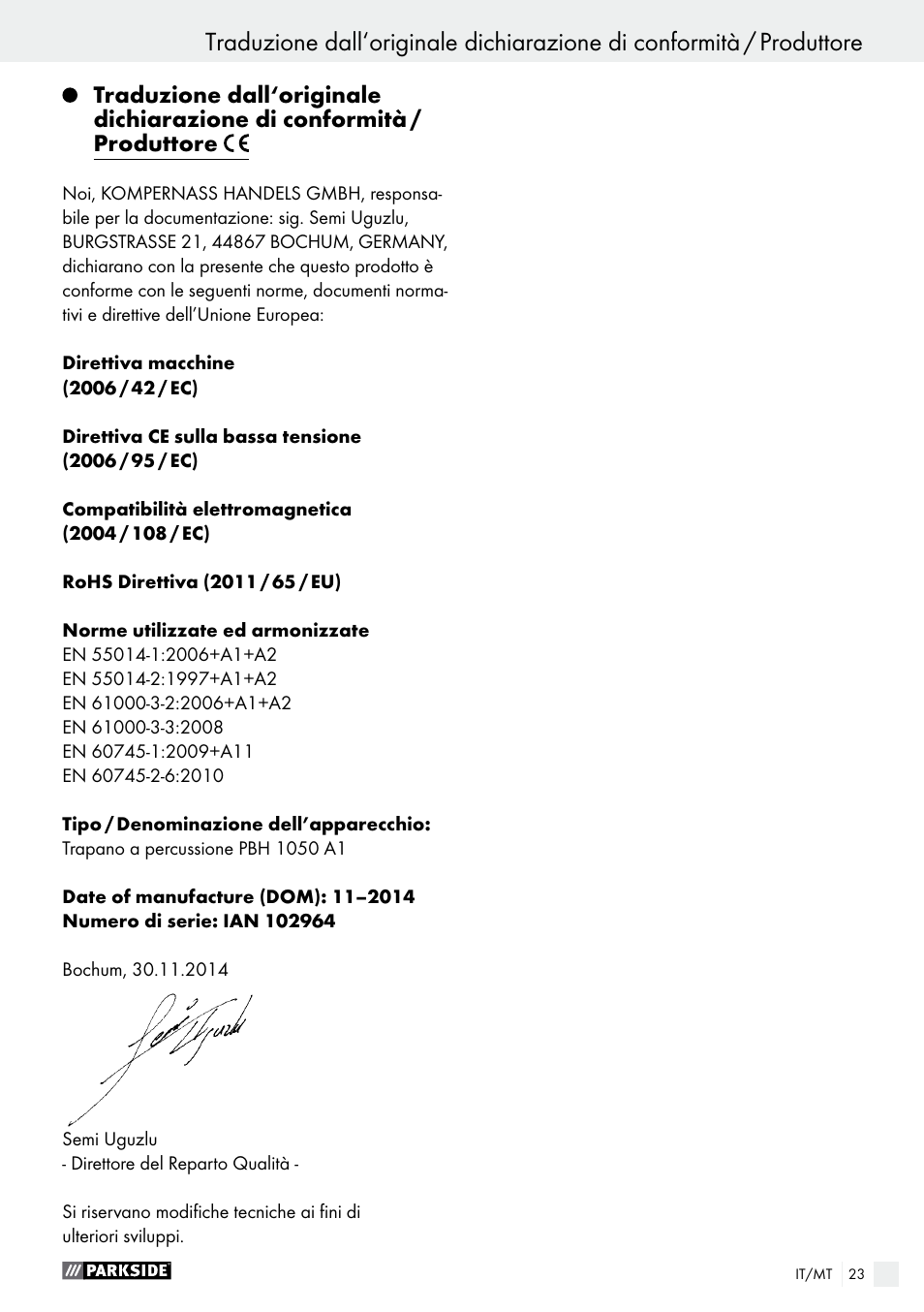 Assistenza / garanzia / smaltimento | Parkside PBH 1050 A1 User Manual | Page 23 / 52