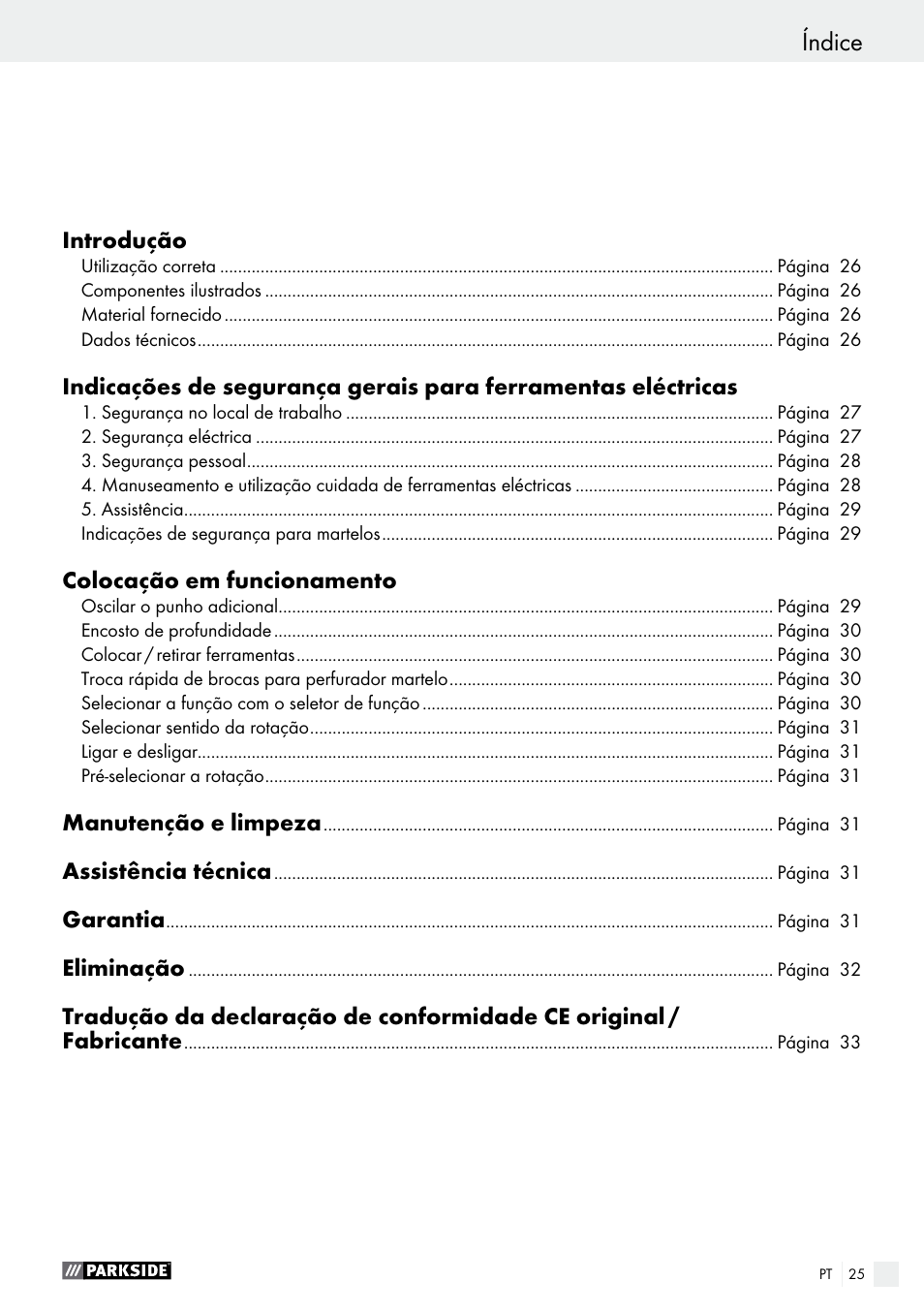 Índice | Parkside PBH 1050 A1 User Manual | Page 25 / 52