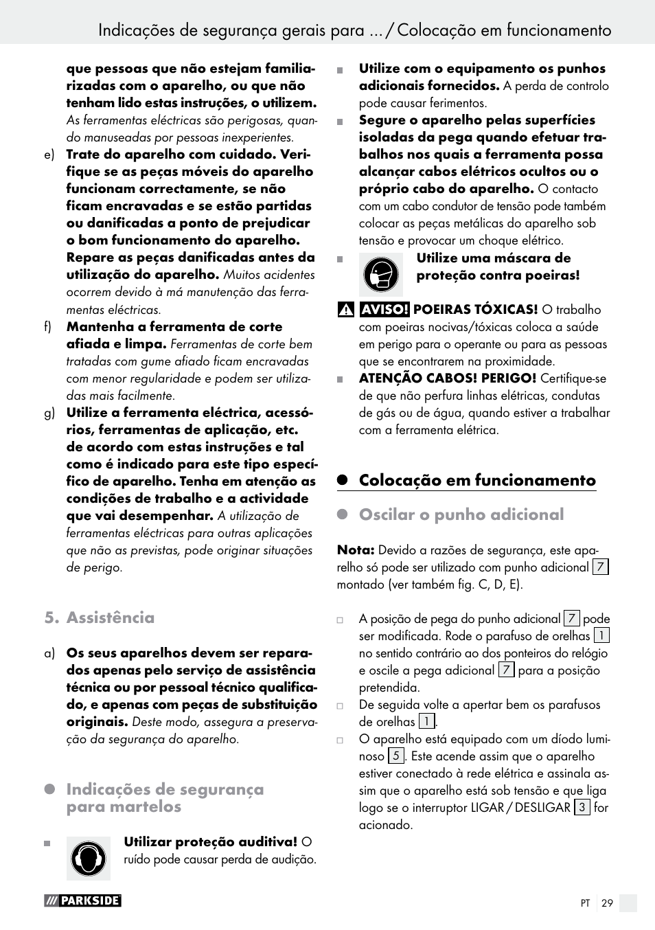 Assistência, Indicações de segurança para martelos, Colocação em funcionamento | Oscilar o punho adicional | Parkside PBH 1050 A1 User Manual | Page 29 / 52